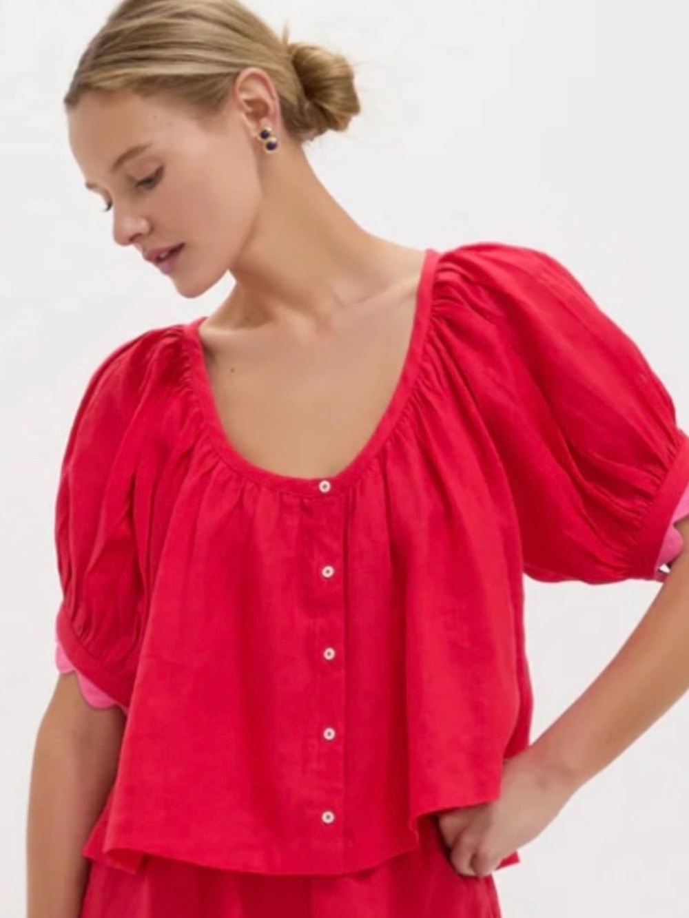 Tuckernuck Bright Red Puff-Sleeve Button-Front Top